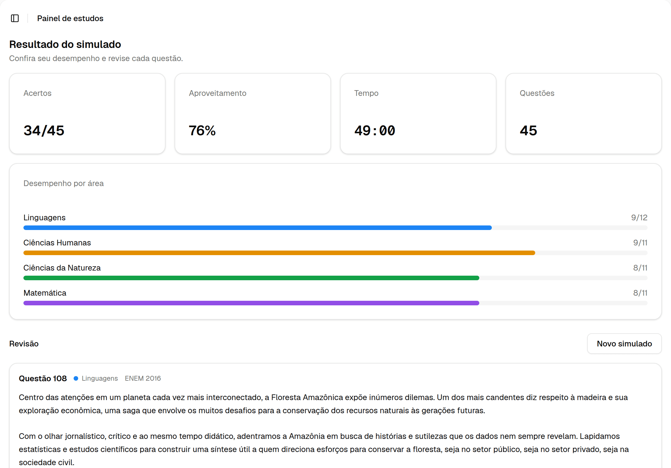 Resultado e revisão de um simulado